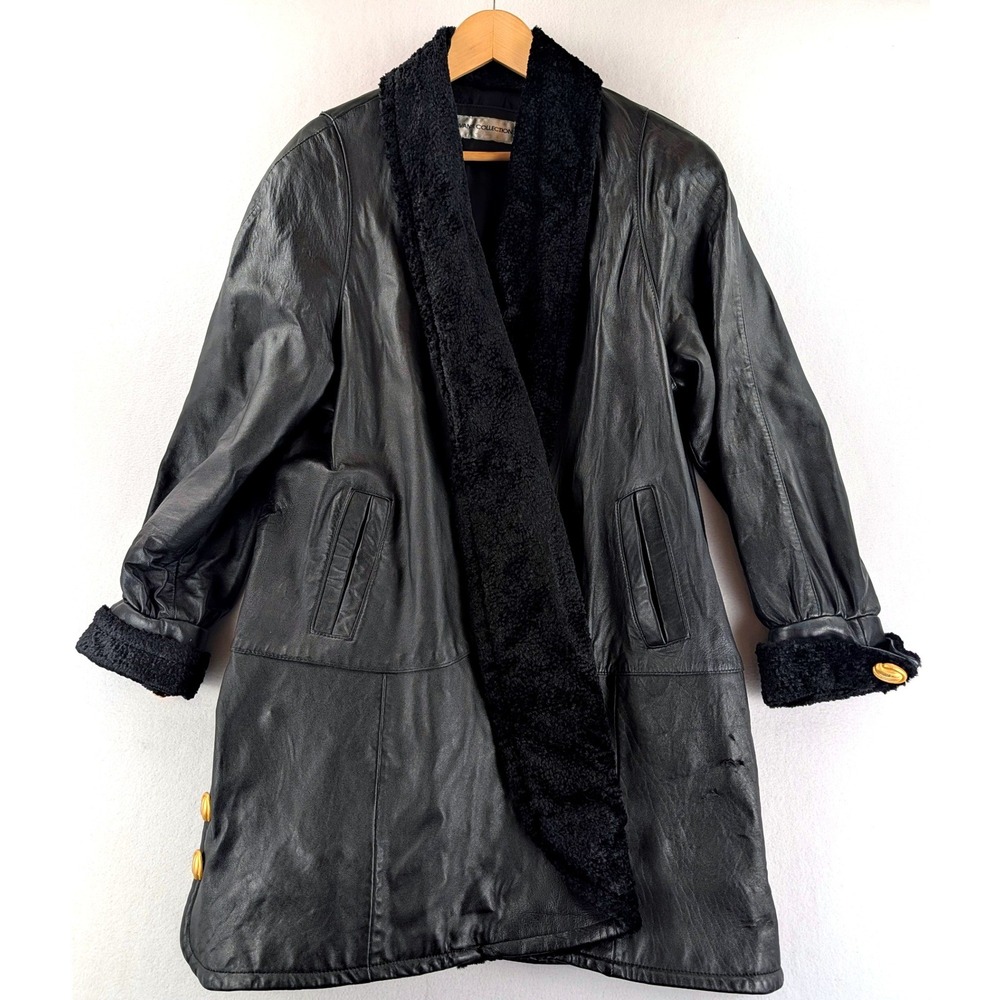 Avanti Collection Womens L Genuine Leather Trench Coat Black Faux Fur Worn